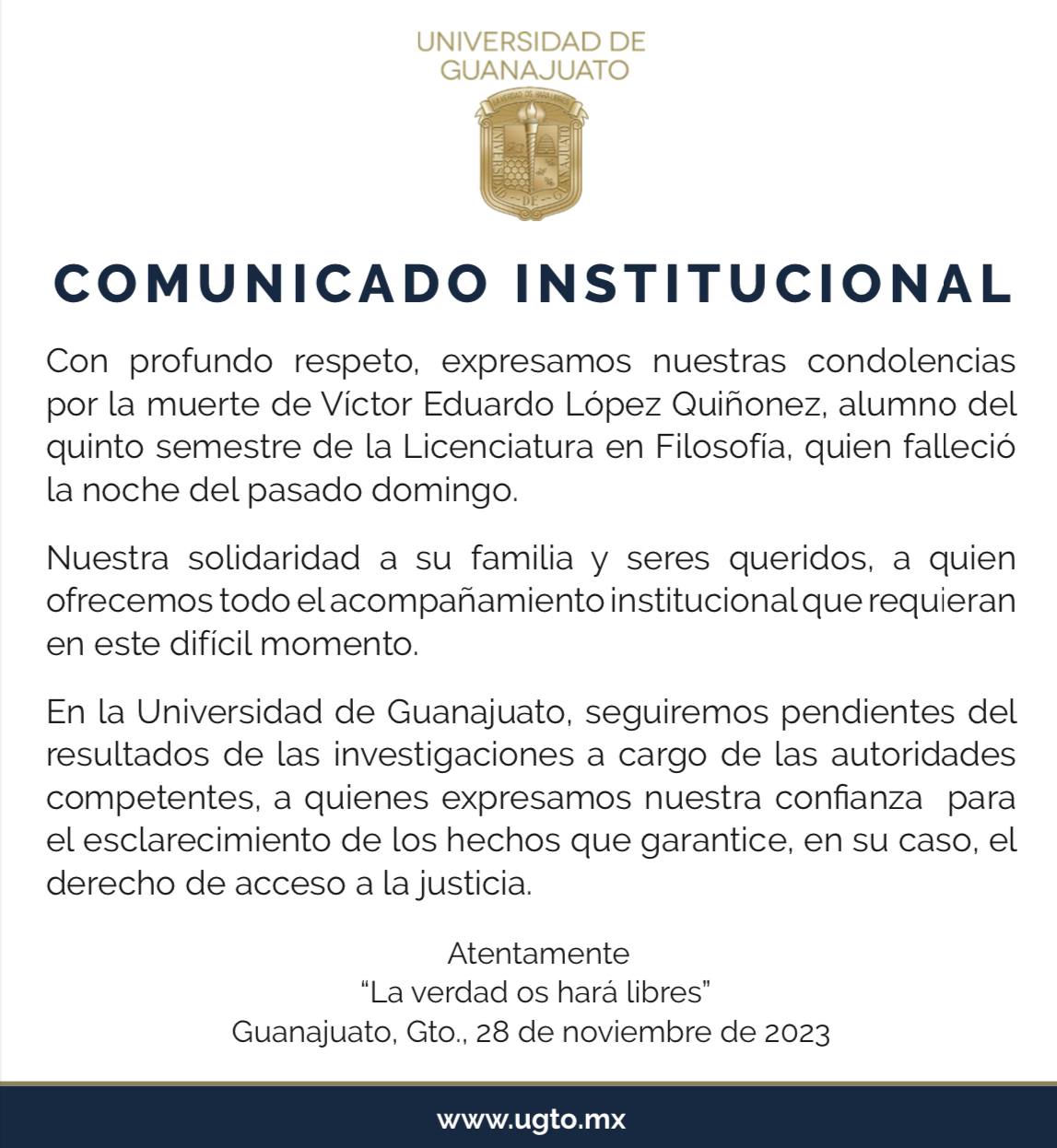 Lamenta UG muerte de estudiante y pide esclarecer hechos